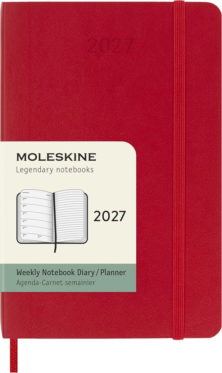 SnelShoppen - Weekplanner 2027, zachte kaft, 12 maanden dagboek, notities, zakformaat 9x14 cm, scharlakenrood, perfect voor organisatie en planning