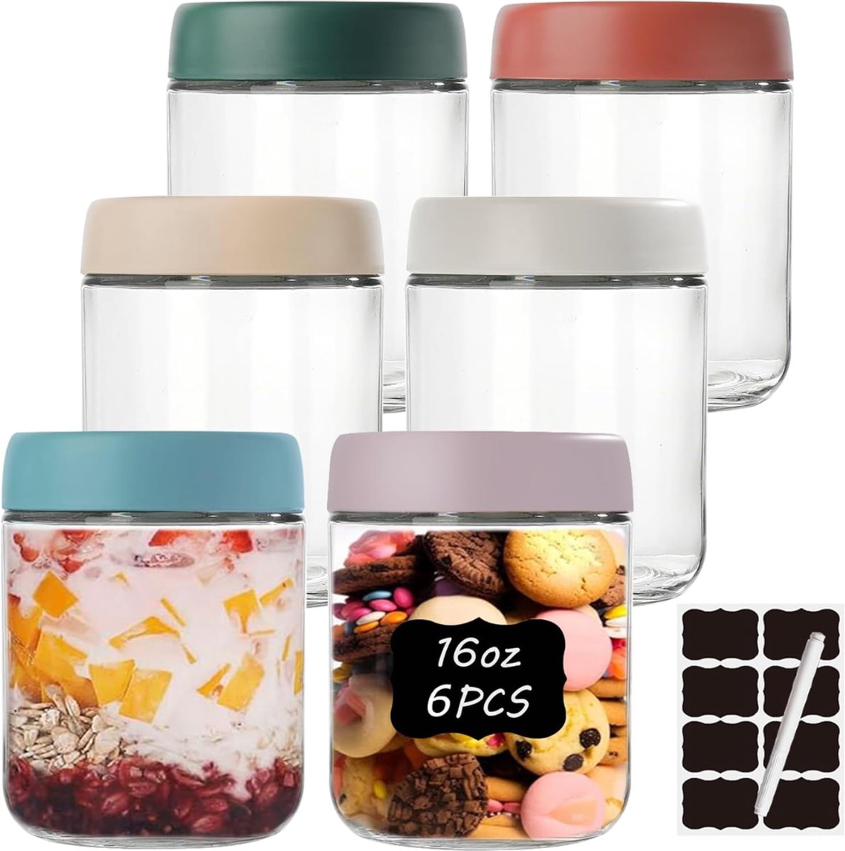 SNJY® Overnight Oats Potjes - Glazen Potjes met Deksel - Mason Jar - Weckpot - 6x500ml - Doorzichtig
