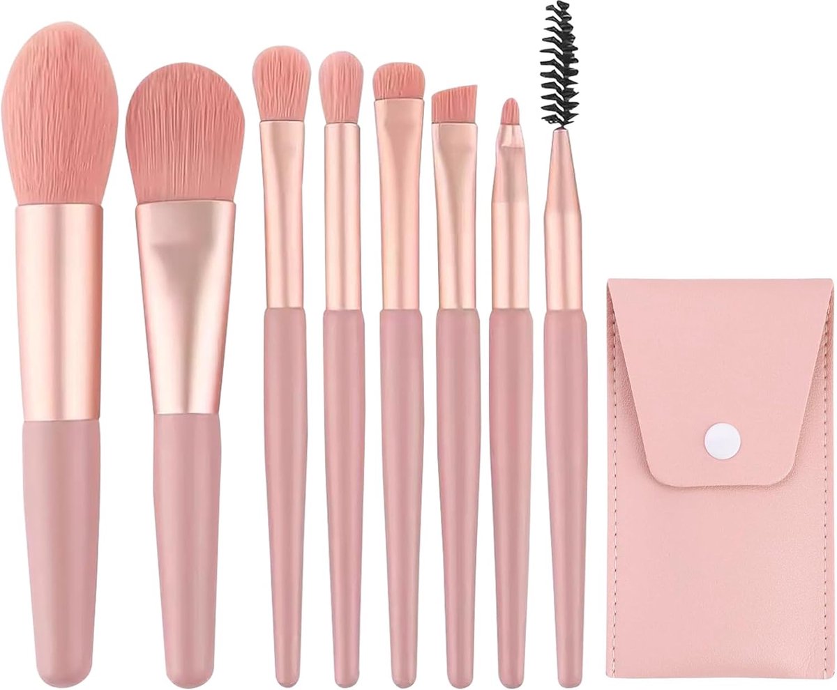 Thijox - Professionele 8-delige mini-make-upborstelset voor foundation, poeder, oogschaduw, cosmetica met PU-lederen tas, ideaal voor onderweg, make-u