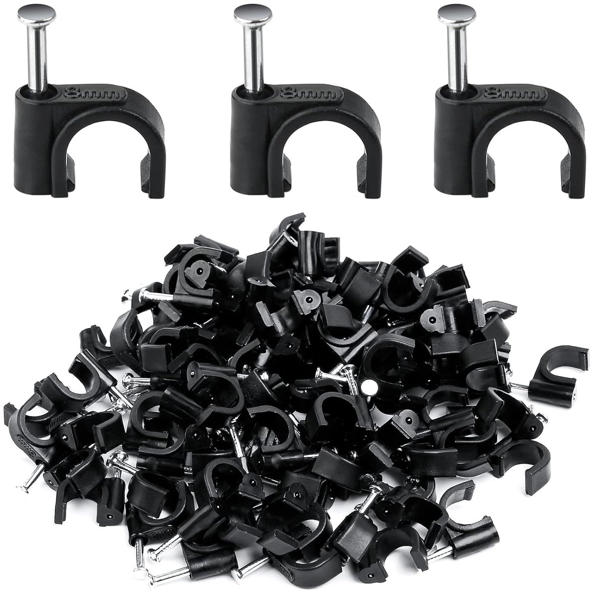 Thijox - 200 Kabelklemmen 8 mm - Ronde Kabelclips met Bevestigingsspijkers - Zwarte Kabelnagelklemmen voor Ethernet- en Telefoonkabels - Wandmontage e