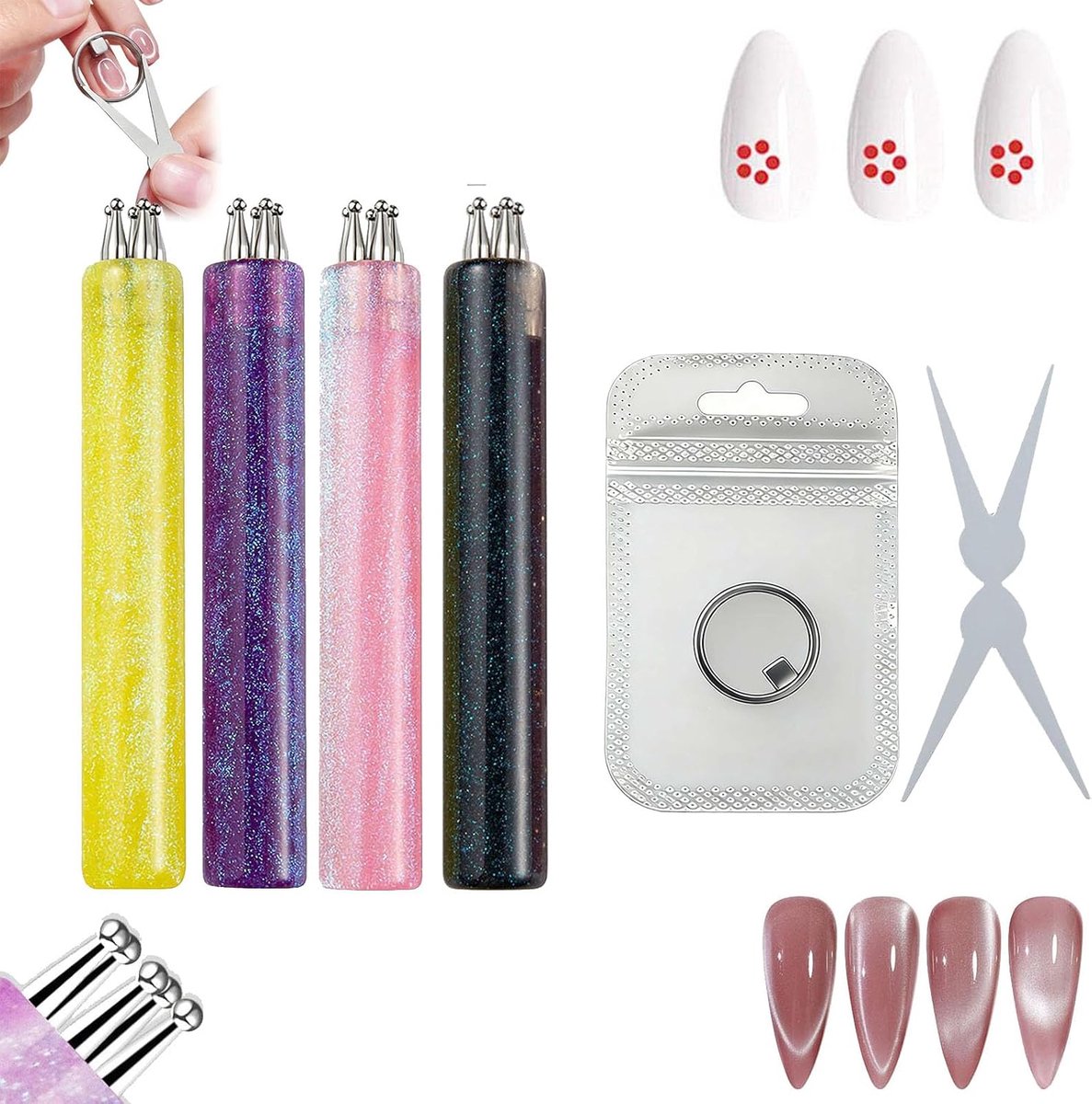 Thijox - 5-bloembladige Nail Dotting Pen Set met Kattenoogmagneet, Fijne Punt 1,8 mm voor Creatieve Nail Art, DIY Manicure en Salonaccessoires