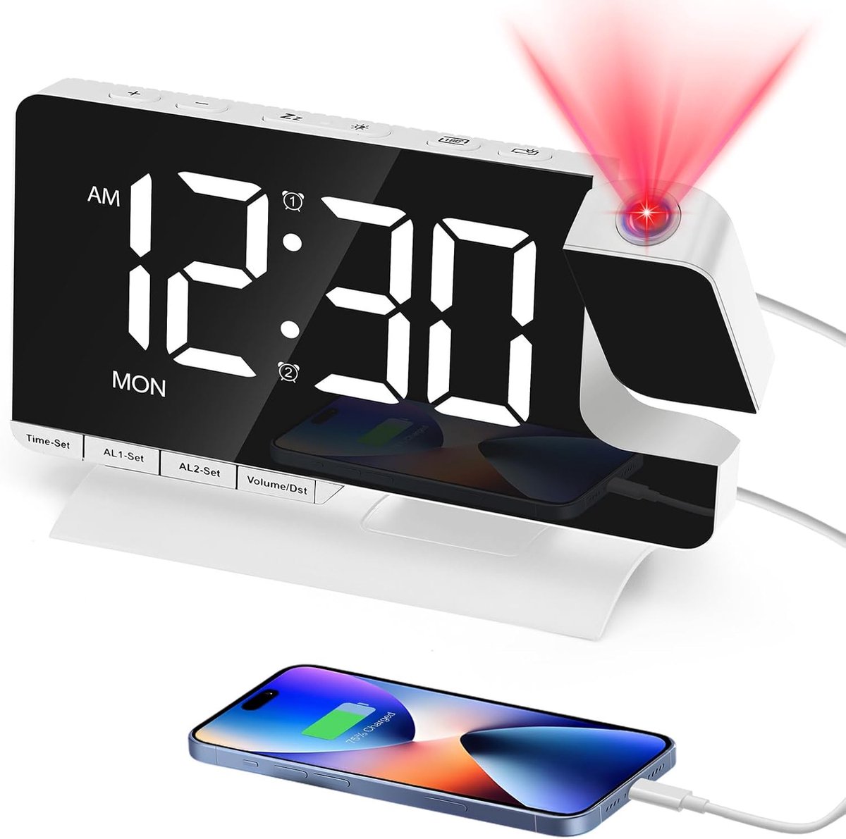 Thijox - Projectiewekker met 180° Projector, Dubbel Alarm, Slummerfunctie, LED Spiegel-Scherm, 6 Helderheidsinstellingen, 2 USB-Opladers voor Slaapkam