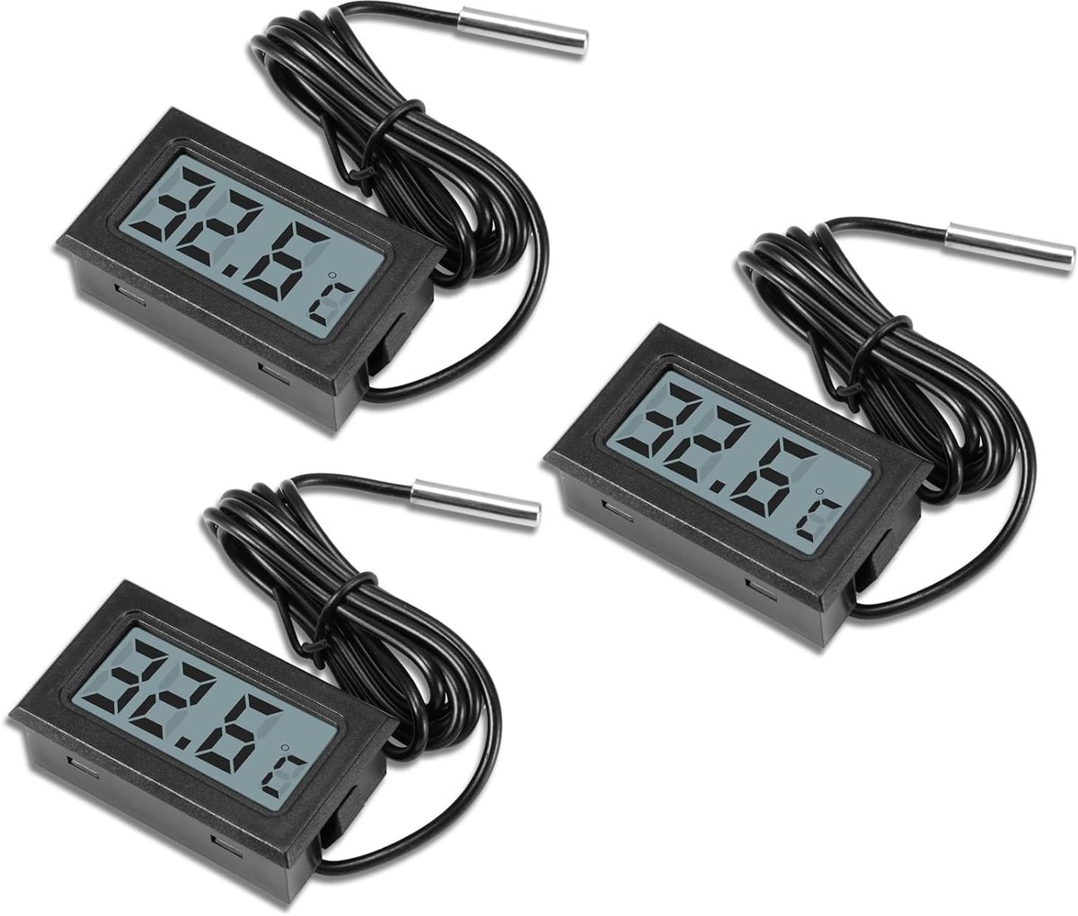 Thijox - 3 Stuks Mini LCD Digitale Thermometer -50 °C ~ +110 °C met Externe Sensor voor Koelkast, Vriezer, Aquarium - Temperatuurbewaking