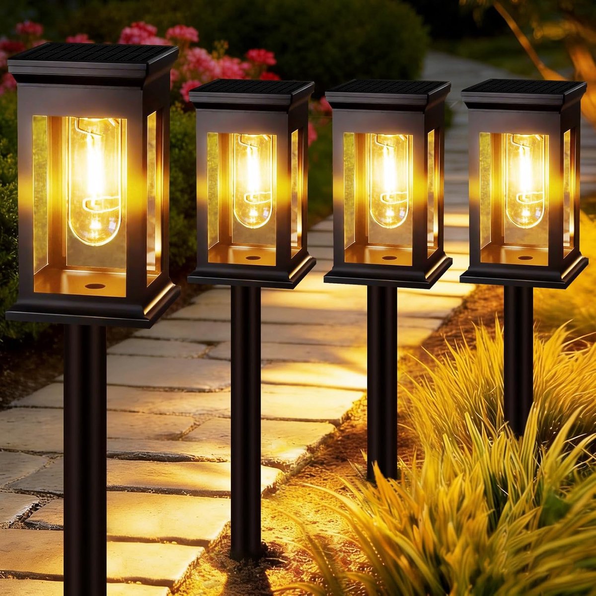 SnelShoppen - 4 Stuks Solar Tuinlampen Buitenshuis IP65 Waterdicht, Dusk to Dawn Zonne-energie Aangedreven Sfeerverlichting Warm Wit voor Tuin, Pad, O