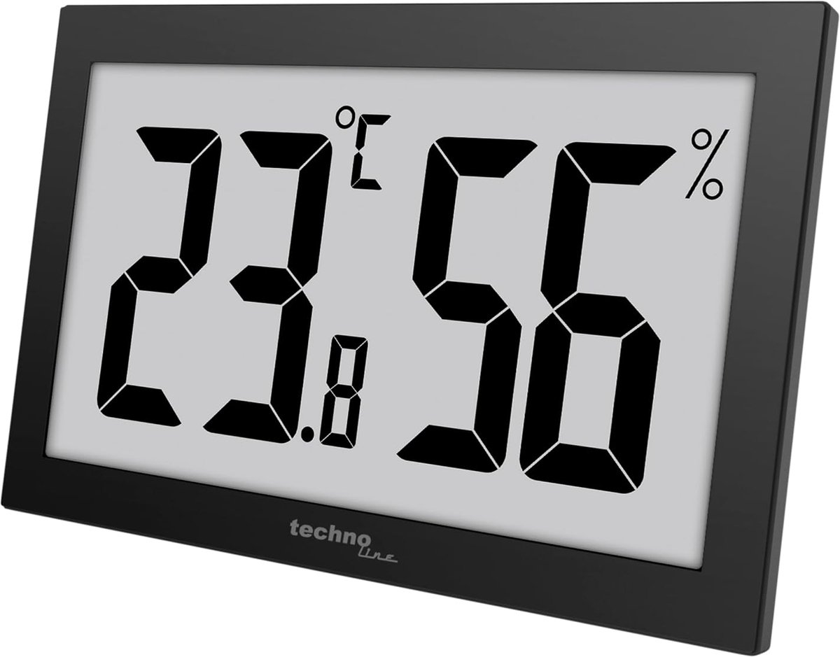 Thijox - Techno Line WS9465 Bureau Thermometer - Hygrometer - Temperatuur en Luchtvochtigheid Monitor - Jumbo LCD Display - Zwart - Ideaal voor Kantoo