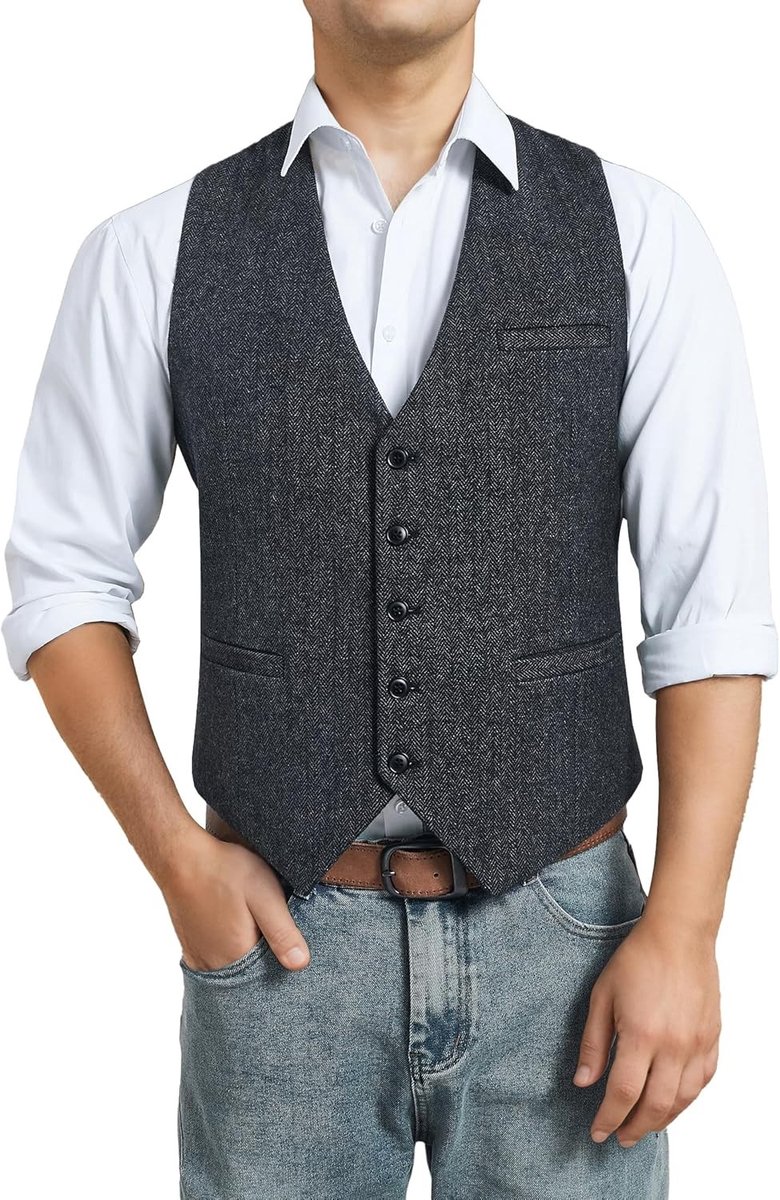 Heren Haringbone Tweed Vest van Wol voor Formele en Casual Gelegenheden - V-hals, Eén Maat, Bruin, Stijlvol en Comfortabel