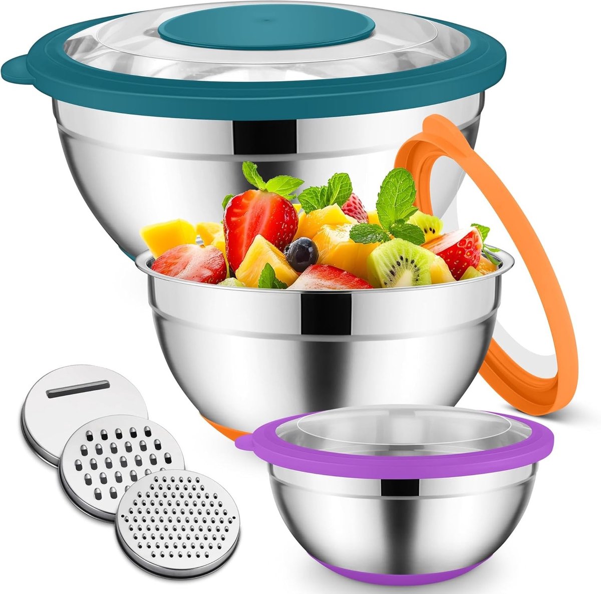 Set van 3 RVS Mengkommen met Transparante Luchtdichte Deksel en Antislip Silicone Basis, Inclusief 3 Raspaccessoires, Geschikt voor Salades en Bereidingen, Vaatwasserbestendig