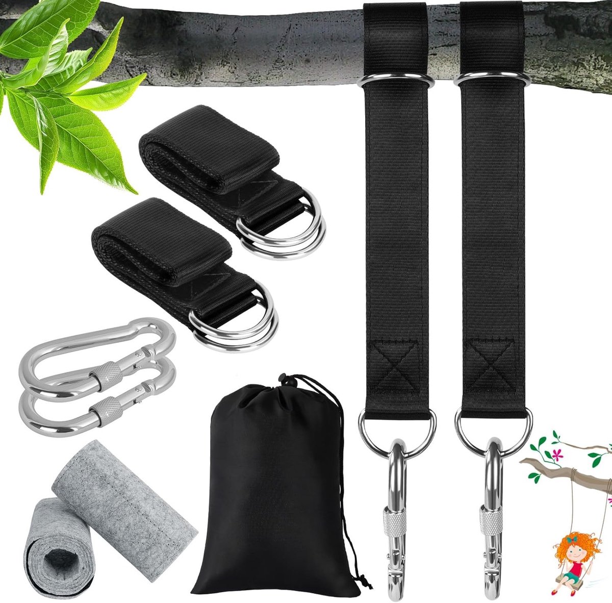 Bevestigingsset voor Schommels en Hangmatten | 2 Stuks met Boombeschermers, Karabiners en Opbergzak | Universele Hangmontage voor Tuin, Boom en Terras