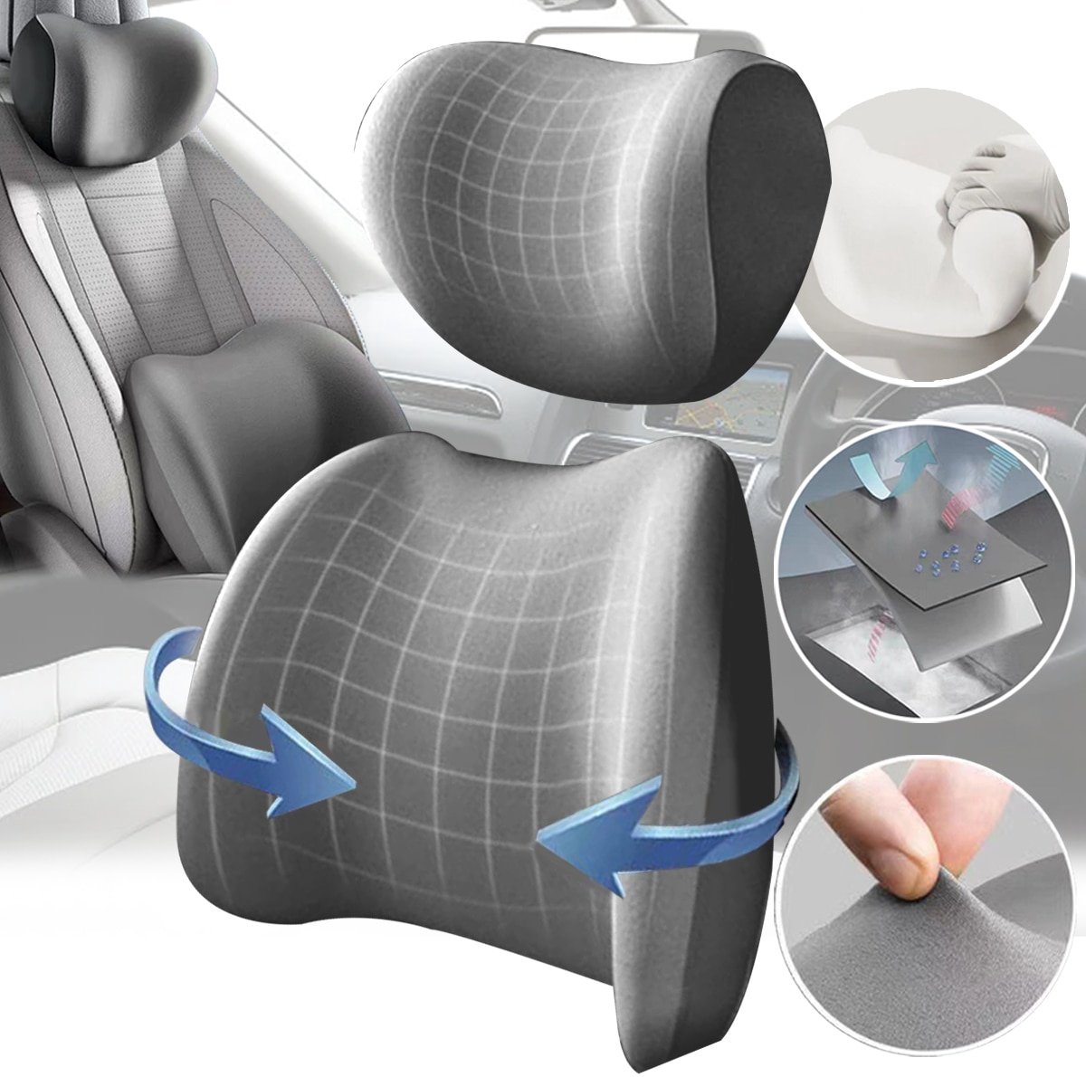 Lendensteun auto - TENZHVXI® - Autostoelkussen voor hoofdsteun en lendensteun - Ergonomisch met verstelbare band - Voor verlichting van rug- en nekpijn - Grijs
