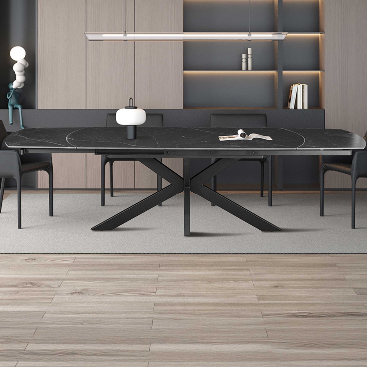 Rousseau Uitschuifbare Eettafel Ares 160-240 x 90 cm – Deens Ovalen vorm – Zwarte Marmerlook – Zwart Metalen Onderstel
