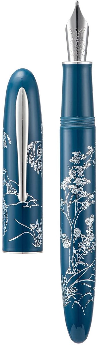 Dailygoods - Hongdian N23 Blauw Konijn Vulpen, Lange Blade Medium Nib Zilveren Trim, Nieuwjaar Gelukkig Konijn Carving Design, Gladde Schrijfpen met Converter en Metalen Pen Box Set
