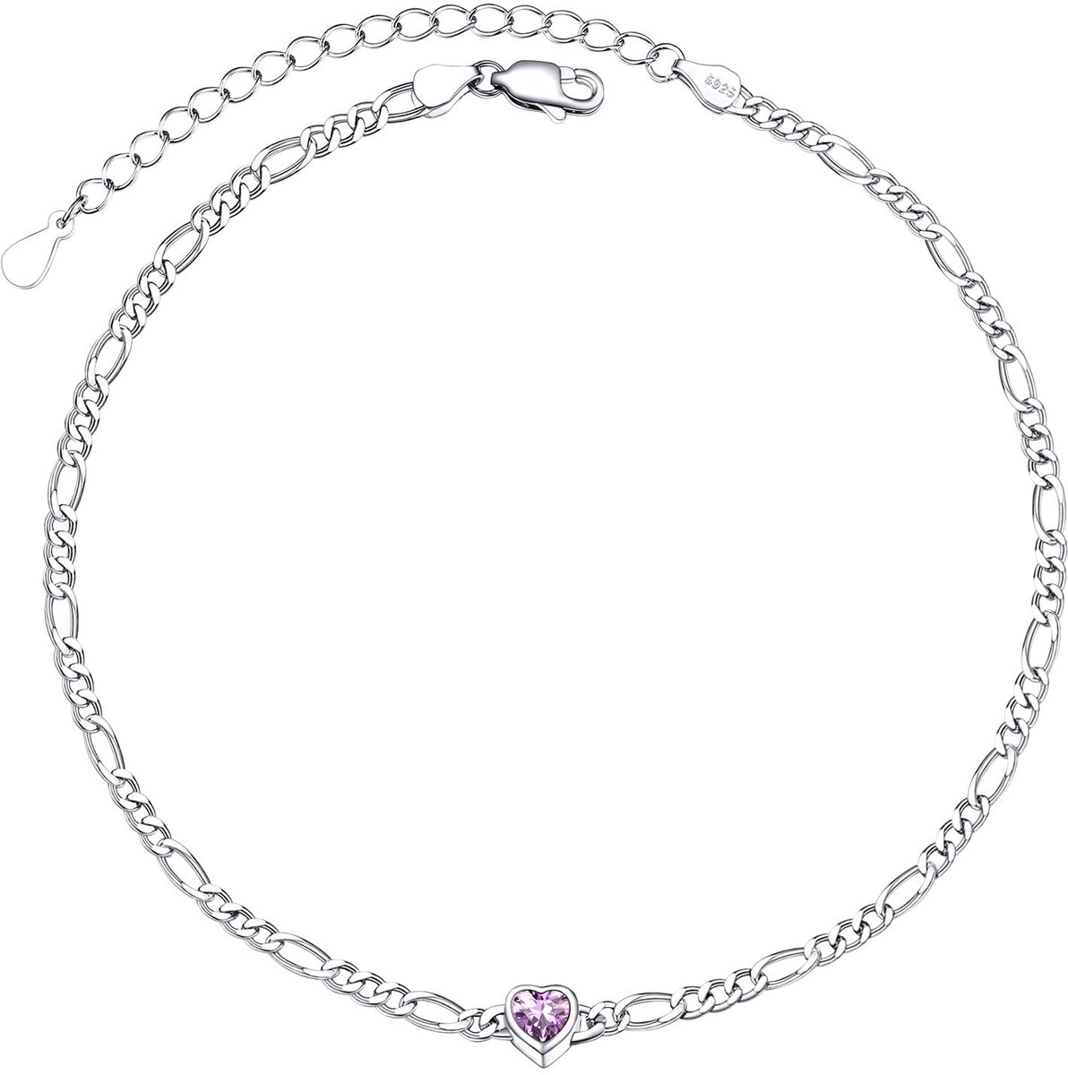 Dailygoods- Enkelarmband Zilver - Figaro Ketting - Synthetische Alexandrite - Hart - Dames - Elegant Design - Armband