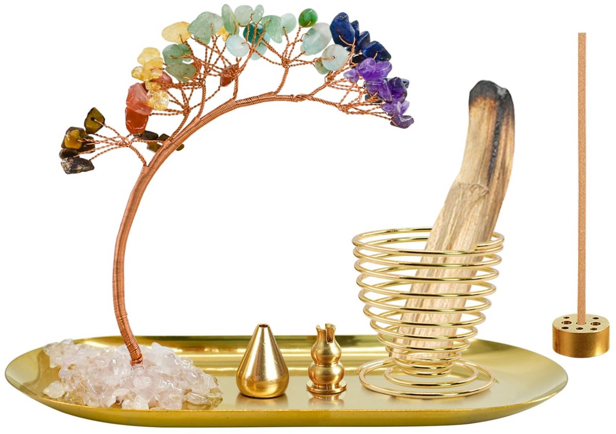 Dailygoods - 5 in 1 wierookbrander, 7 chakra kristallen boom wierookhouder Palo Santo houder, saliebrander voor wierookstokjes, messing asvanger voor yoga, meditatie, woondecoratie (6,9 "L)