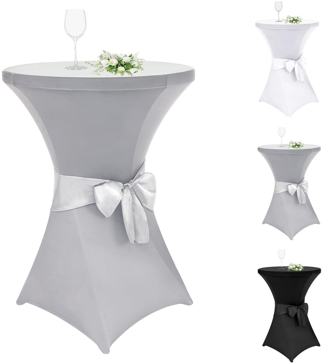 Dailygoods - Alishomtll Set van 3 hoge tafelhoezen met strik, diameter 80 cm, stretch, elegante tafelhoezen voor bistrotafel, hoge tafel, banket, bruiloft (Ø 80 x 110 cm, wit)