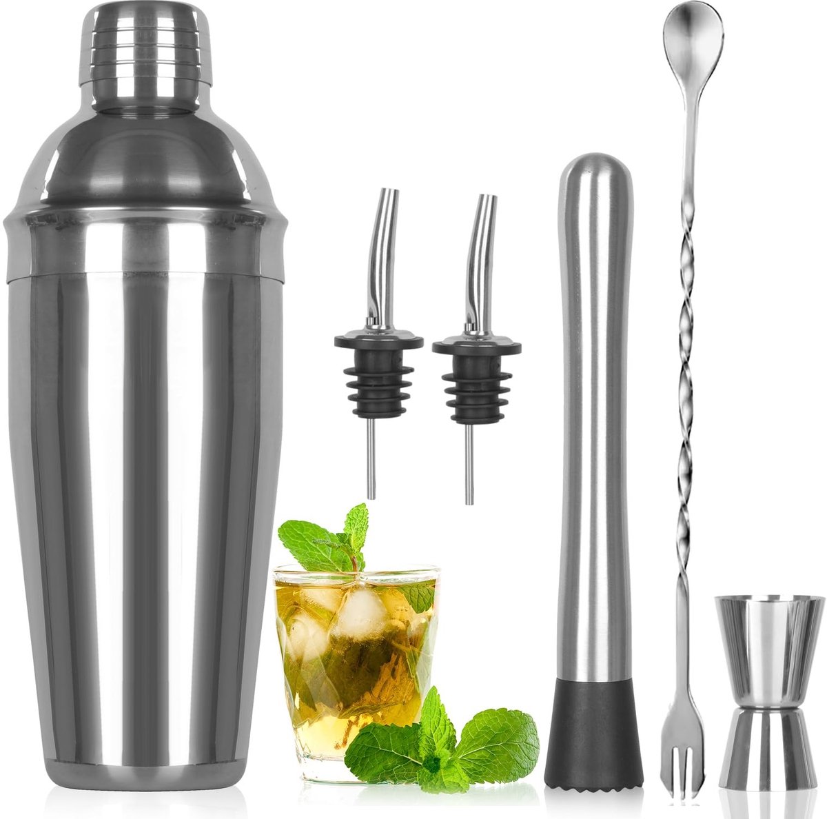Dailygoods - Cocktail Shaker Set, set van 6 stuks roestvrij staal cocktailmixsets, 750 ml cocktailshaker glas, gin cocktailshakerset mixer, cocktail barkeeper accessoires, cocktailglazen bartender kit, Barkeepers