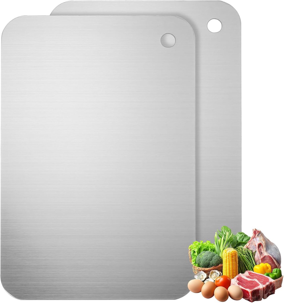 2 stuks 304 roestvrijstalen snijplanken, titanium snijplanken voor keuken, voedselveilige dubbelzijdige metalen snijplankset voor vlees, groenten en fruit, vaatwasmachinebestendig (23,5 x 14,5 cm)