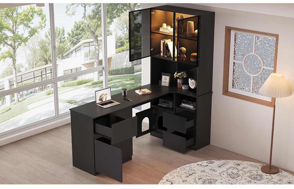 YYchan hoekbureau - zwart - 120 x 80 x 180 cm - met lade - met opbergruimte - met LED