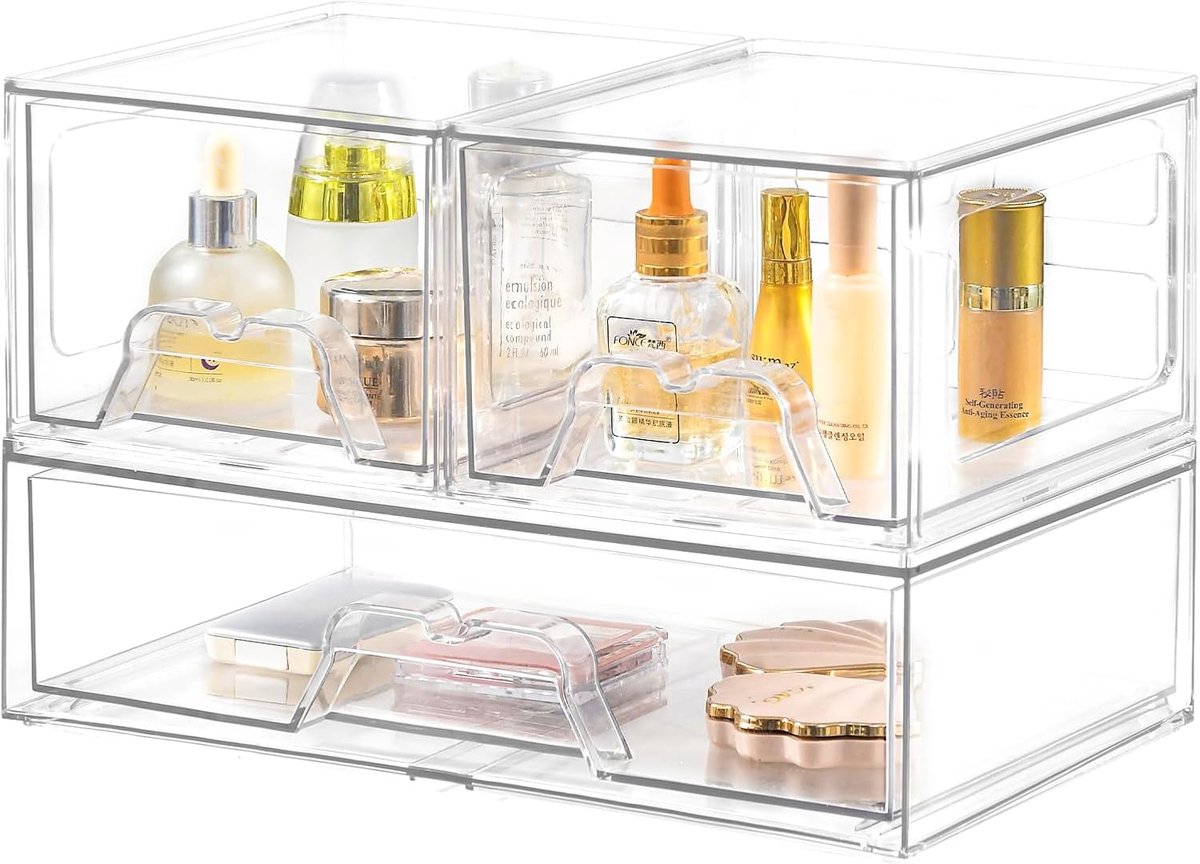 3 stuks stapelbare lade-organizer, cosmetica-organizer van helder acryl, badkamermake-uporganizers en opslag voor keuken, kast, voorraadkamer (3 stuks combinatie)