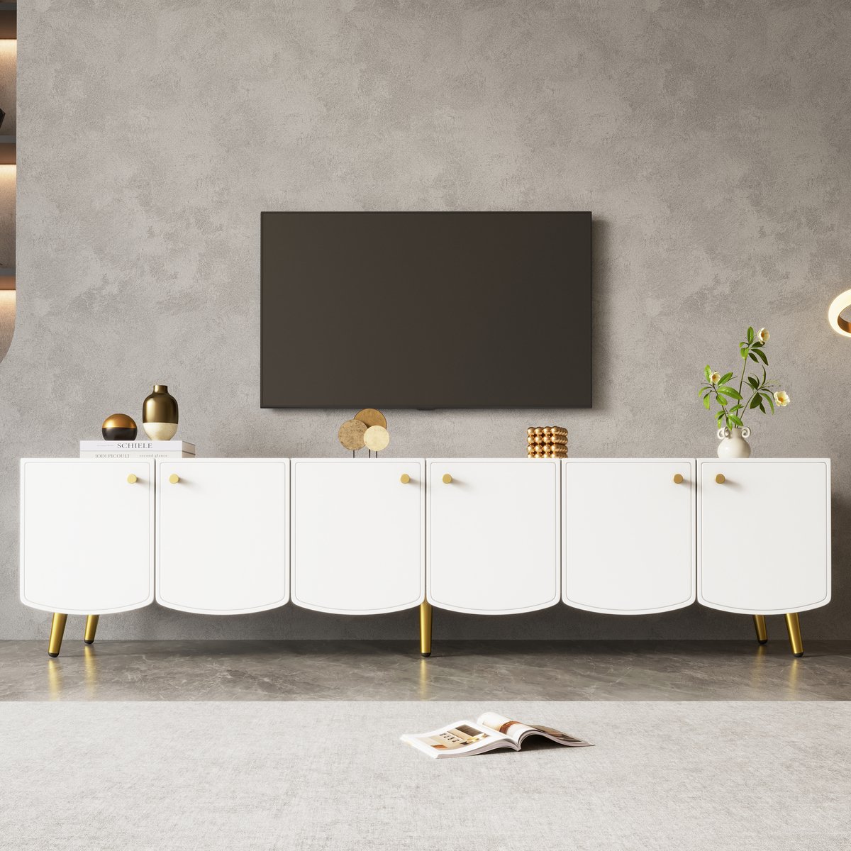 HAUSS SPOLE Dressoir - Tv Meubel Met 6 Deuren En Opbergruimte - Voor Woonkamer En Slaapkamer - Spaanplaat - 180x40x45 Cm - Wit Goud