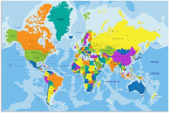Carte du monde détaillée avec pays colorés et noms de pays. Le Groenland est sarcelle, l'Amérique du Nord est verte, l'Amérique du Sud est jaune/violette, l'Afrique est orange/verte, l'Europe est rose/violette, l'Asie est jaune/violette, l'Australie est bleue/jaune.