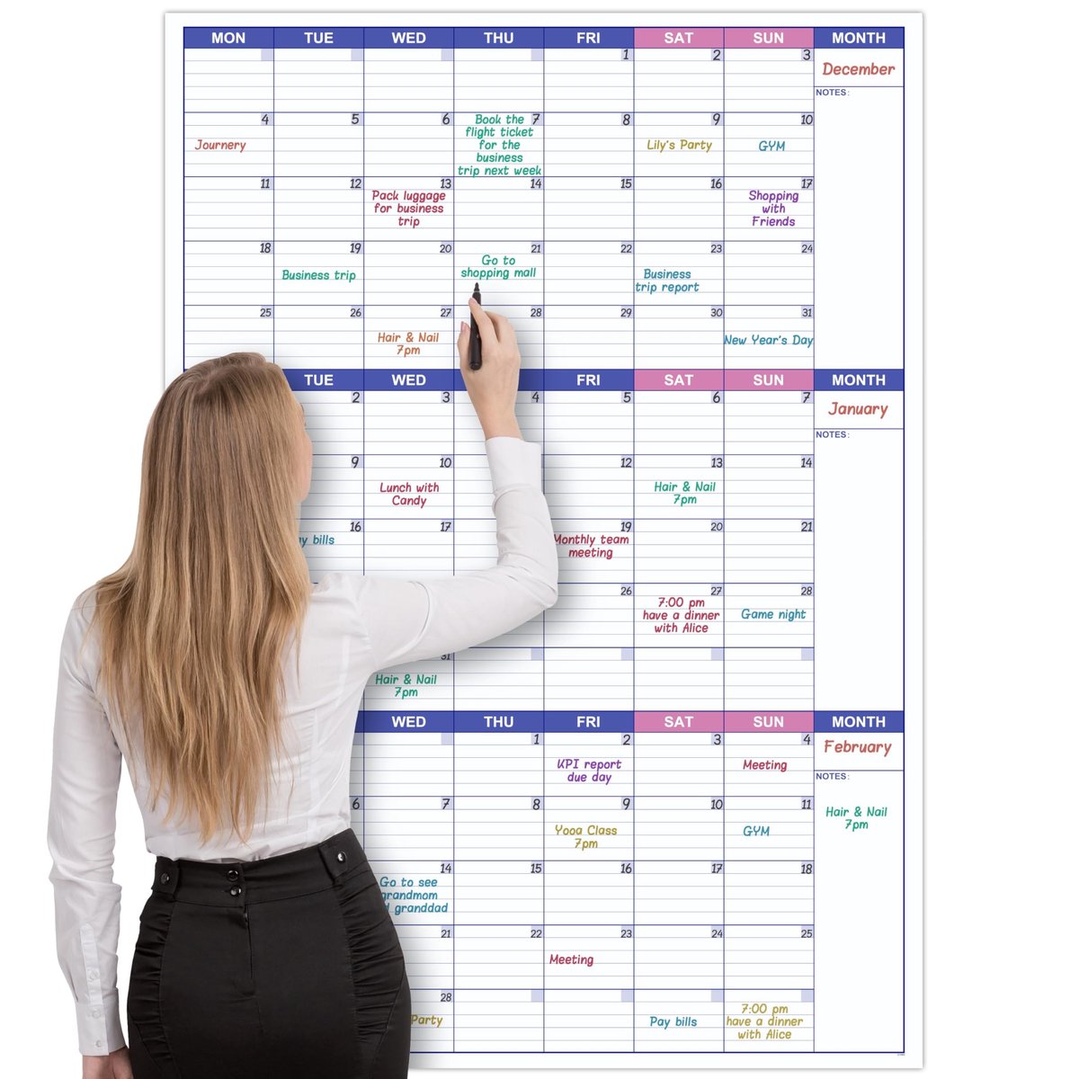 Dailygoods- Wandkalender 101 cm x 73 cm - Droog uitwisbaar - Herbruikbaar - Drie maanden - Gelamineerd - Grote schrijfruimte - Maandplanner