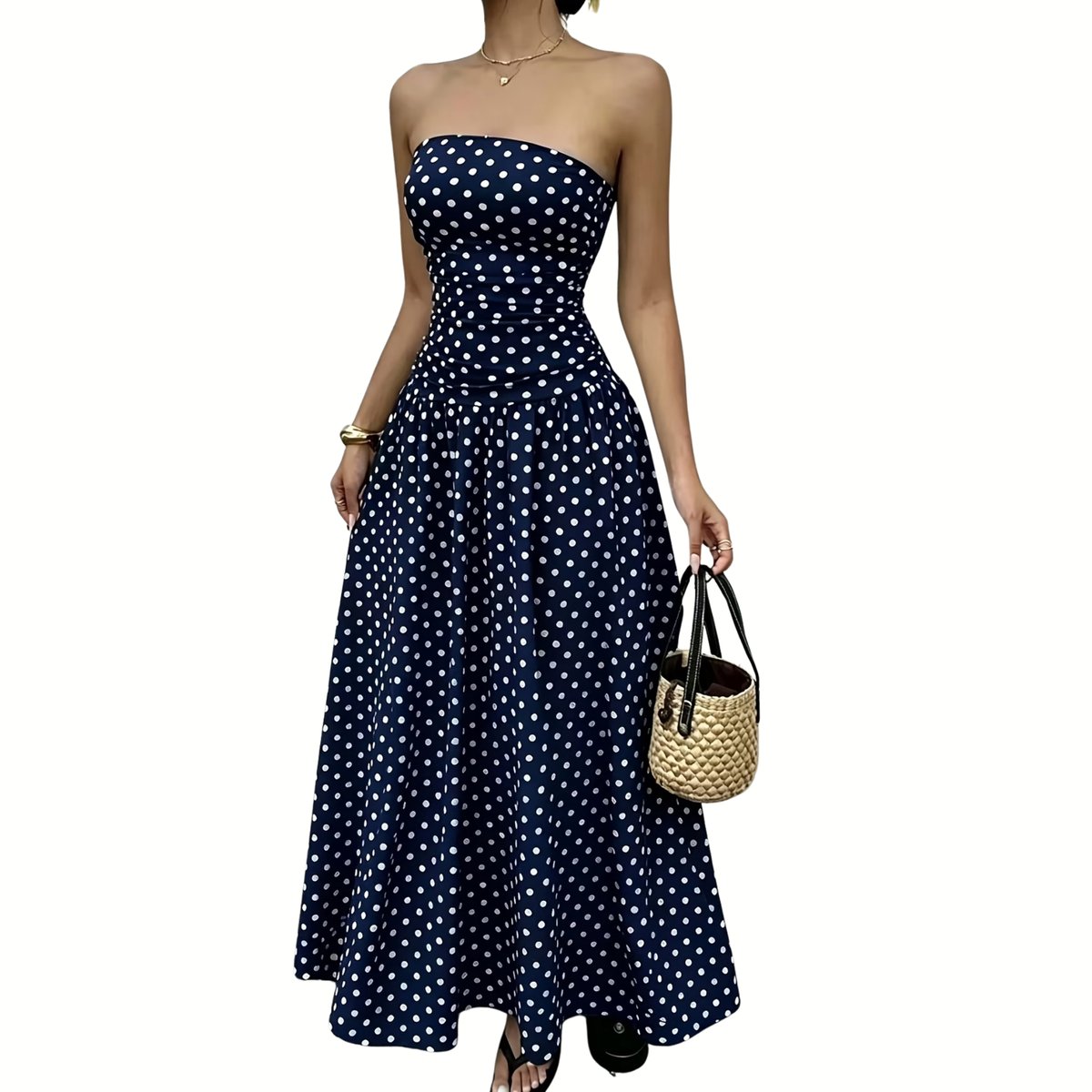 Currero Jurk Met Polkadots Stippen Zomerjurk Dames Zomerjurken Midi Jurk Volwassenen Ibiza Stijl Sundress Dress L/XL Blauw