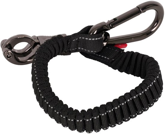 Zwart elastisch koord met reflecterende strepen en gunmetal karabijnhaak.