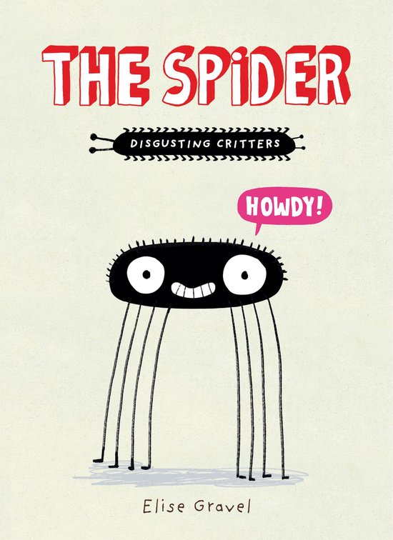 Boekcover 'The Spider' met een zwarte, cartoonachtige spin met grote ogen en een brede lach, tekst 'THE SPIDER' en 'HOWDY!'