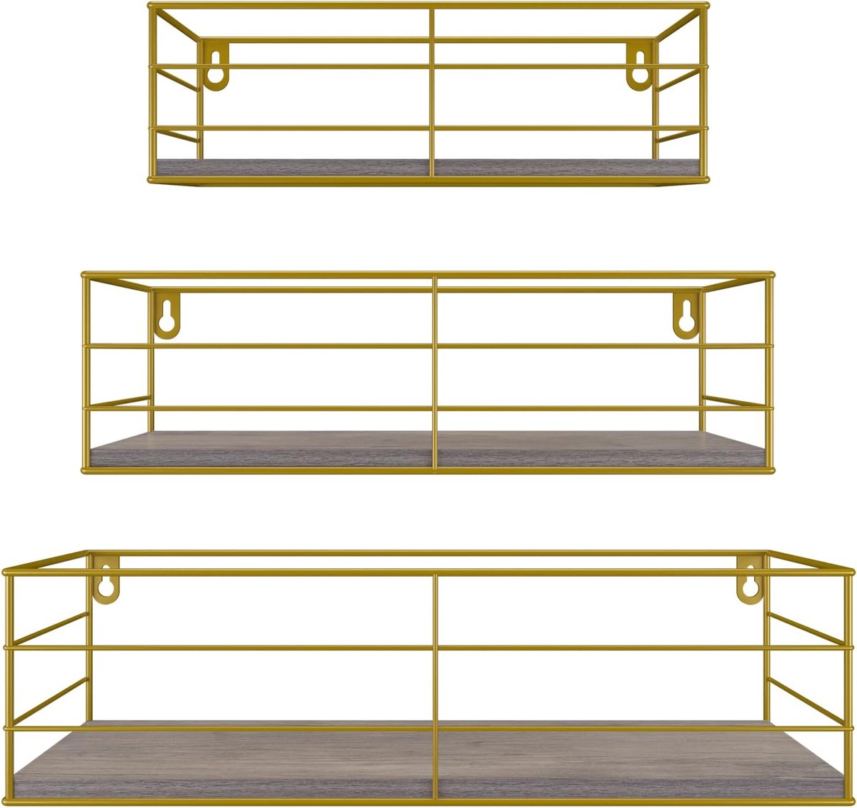 Wandrek, 3-delige set, van hout met goud metaal, geschikt voor keuken, badkamer, woonkamer, kantoor