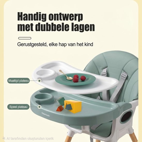 Mogi Products - 2-in-1 Meegroeistoel - Hoge Kinderstoel met Eetblad - Babystoel & Peuterstoel Hout-Look - Groen/Wit van Mogi Products — afbeelding 3