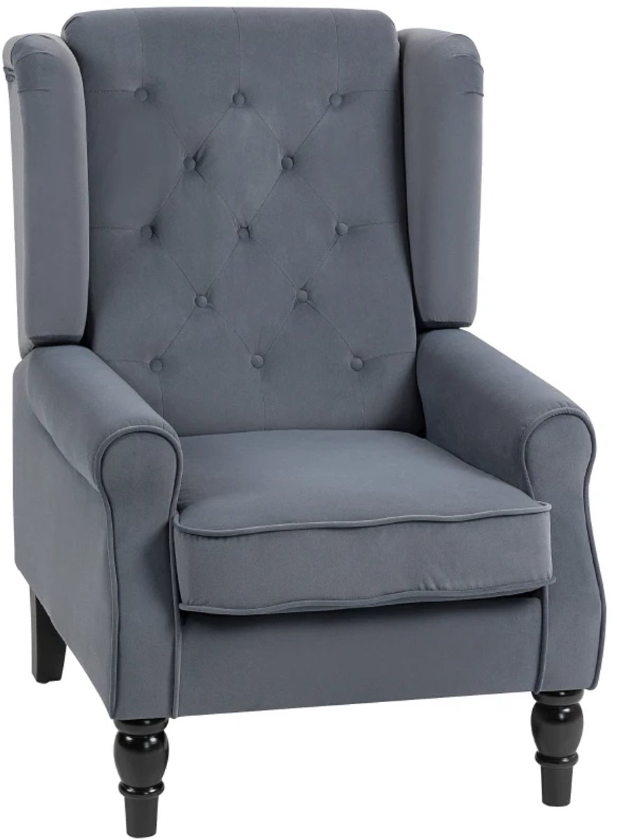 Fauteuil - Vleugelstoel - Relaxstoel - Vintage Design - Knoopstiksel - Gedraaide Poten - 74 cm x 86 cm x 102 cm - Grijs