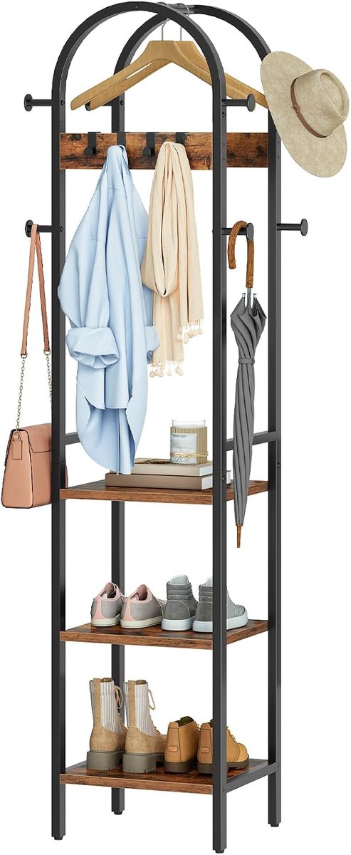Home & Beyond® Kapstok met Planken - Vrijstaande Garderobestandaard met 12 Haken - Kledingrek voor Hal en Slaapkamer - Bruin en Zwart - 40x30x185 cm