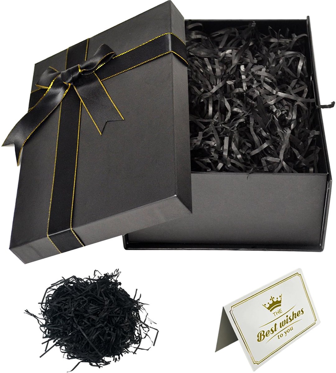 Cadeaudoos met deksel zwart luxe geschenkdoos met lint en kaartje inklapbaar cadeauverpakking 25x18x8,5 cm