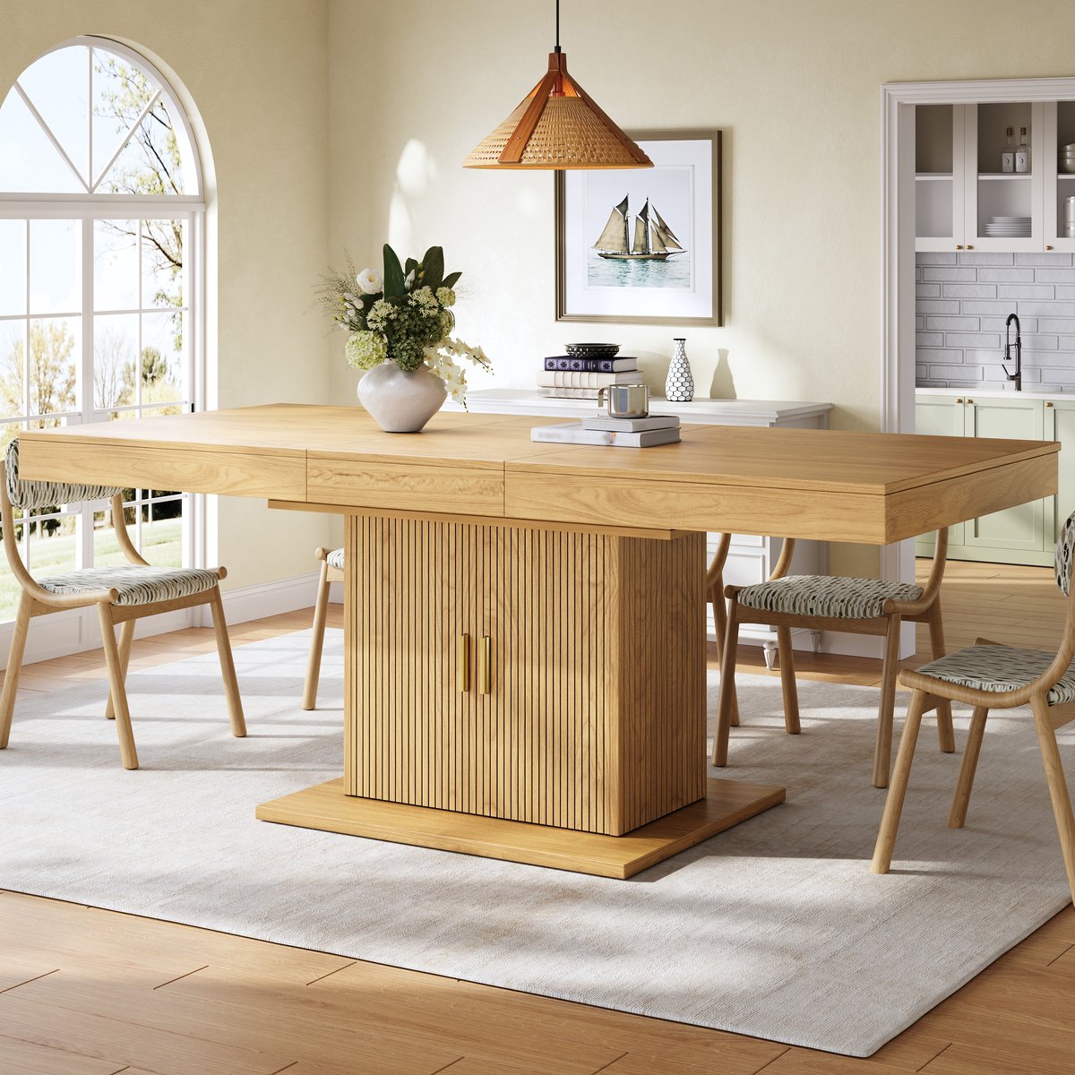 STILVORA Eettafel - Uitschuifbaar Met Opbergkast En Geribbelde Deuren - Voor Eetkamer En Open Keuken - MDF Metaal - 140-180x90x75,2 Cm - Hout