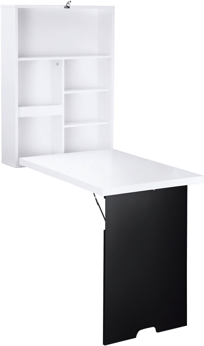 Wandbureau - inklapbaar tafelblad - 5 vakken - 60x94 - 5x147 cm - zwart/wit