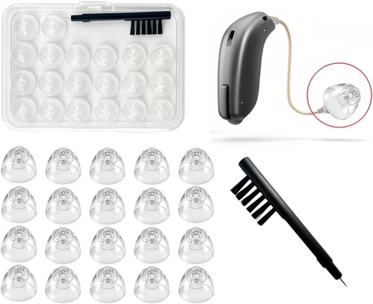 Gehoorapparaat dopjes - Set van 20 Stuks - Inclusief Schoonmaakborstel & Opbergdoos - Hypoallergeen Siliconen - Geschikt voor Oticon RIC Hoortoestellen - 8 mm - Accessoires voor gehooraparaten - Transparant