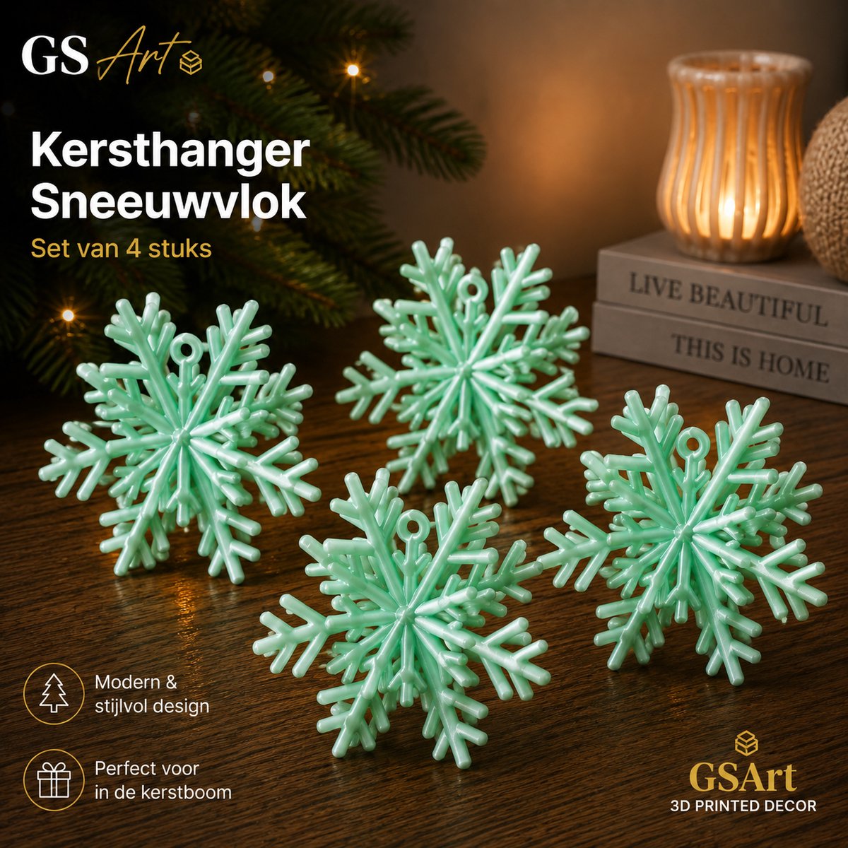 GSArt Kersthangers Sneeuwvlok – Set van 4 stuks - Zijde Mint