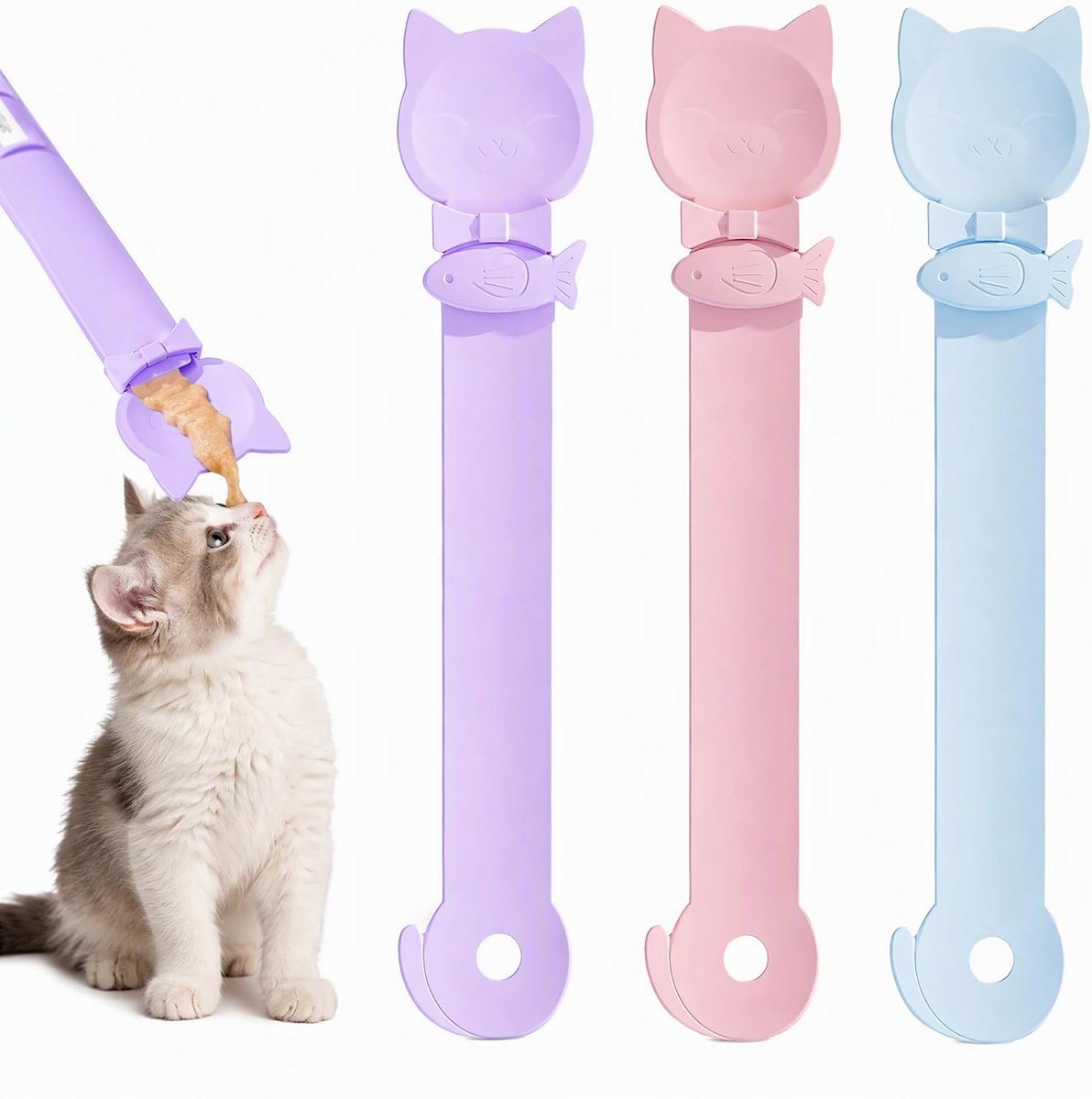 Knijplepel voor kattenvoer, dispenser voor kattensnoepjes, blikopener, multifunctionele lepel voor huisdieren om pasta, puree en natvoer mee af te meten, knijper voor kattenvoer, kattenlepel