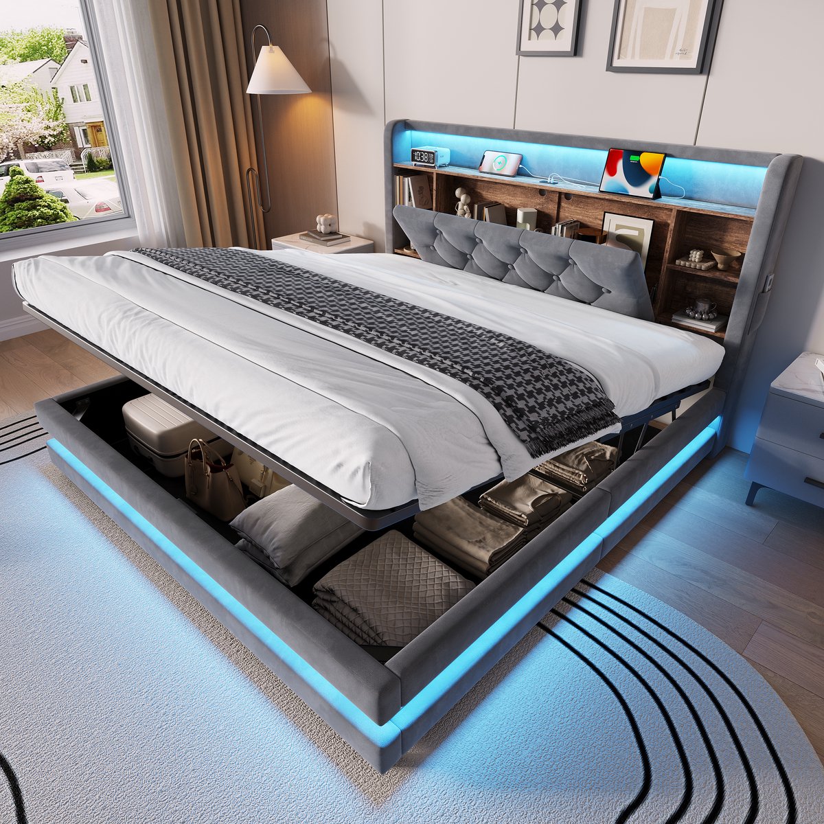 STILVORA Bed 140x200cm – Gestoffeerd Bed met LED, USB en Type C – Hydraulische Opbergruimte met Lattenbodem – Volwassenen – Stof – Donkergrijs – Zonder Matras
