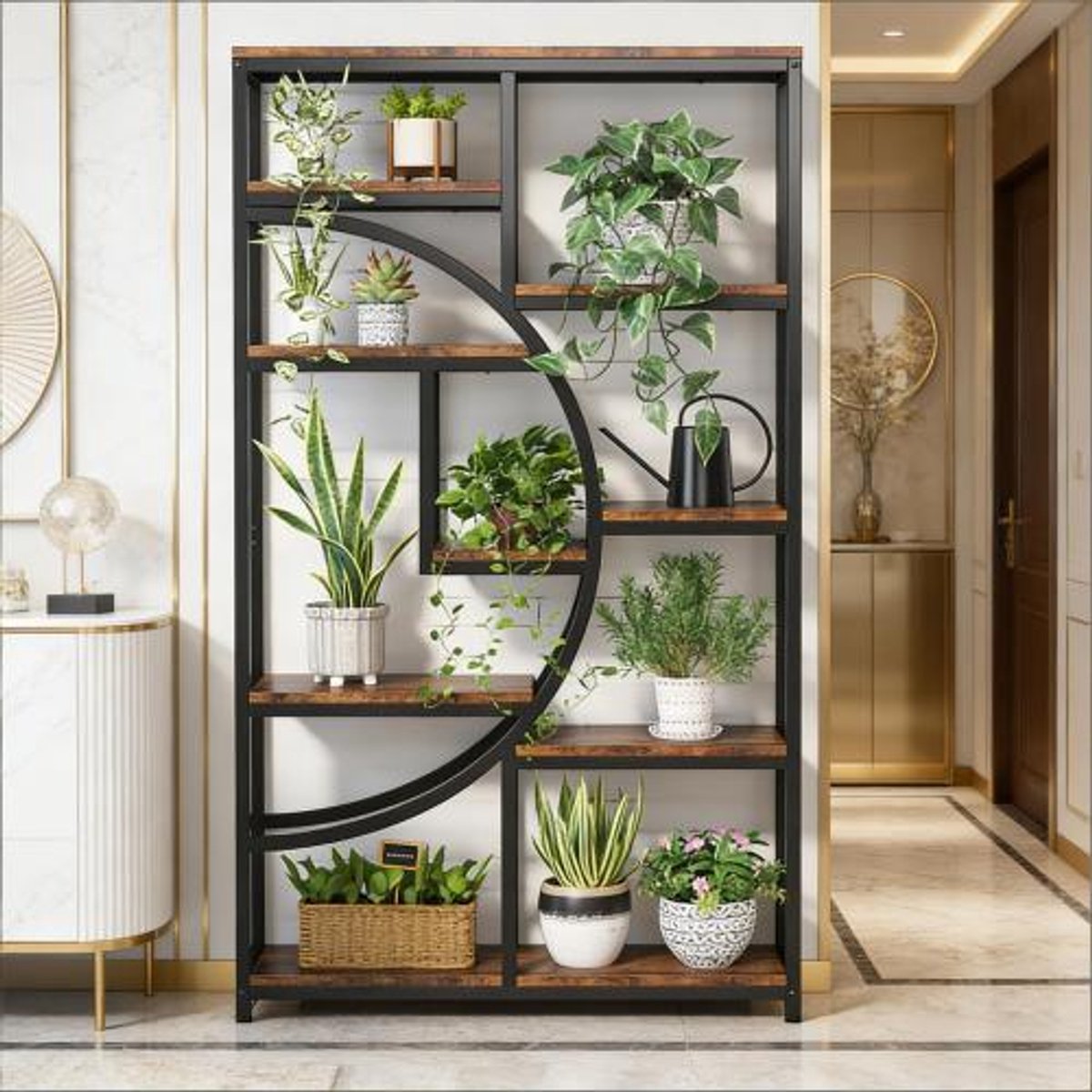 Wishdor Boekenkast - Geometrisch design - Open kast - Metalen frame - Houtlook - Zwart en rustiek bruin - Vrijstaand - 9 open vakken - Industrieel - 95 x 30 x 175 cm