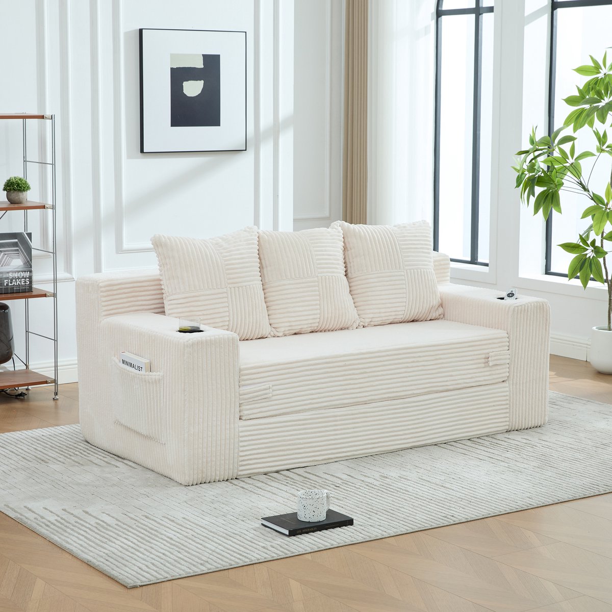 MIVRAY Slaapbank 172 Cm - 3-Zits Uitklapbaar Met Bekerhouders En Opbergvakken - Voor Woonkamer En Studio - Corduroy Beige