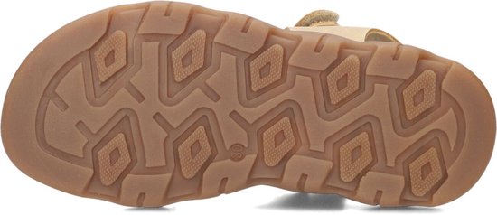 Beige Develab sandalen, de bruine rubberen zool met een geometrisch profiel.