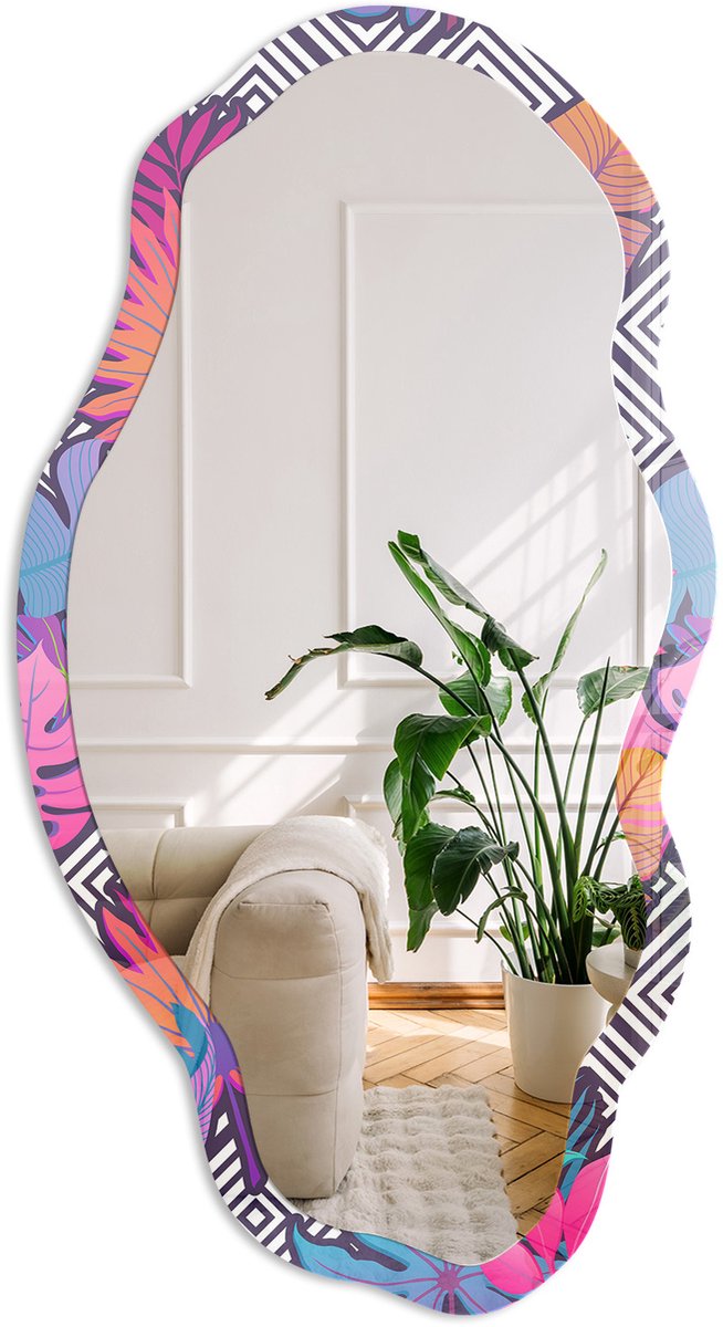 Coloray Tropisch Patroon Spiegel - Roze Stijlvolle Wandspiegel - Organische Spiegel - Woonkamer - Abstract - 45x90 cm - Totale afmeting 52x97 cm