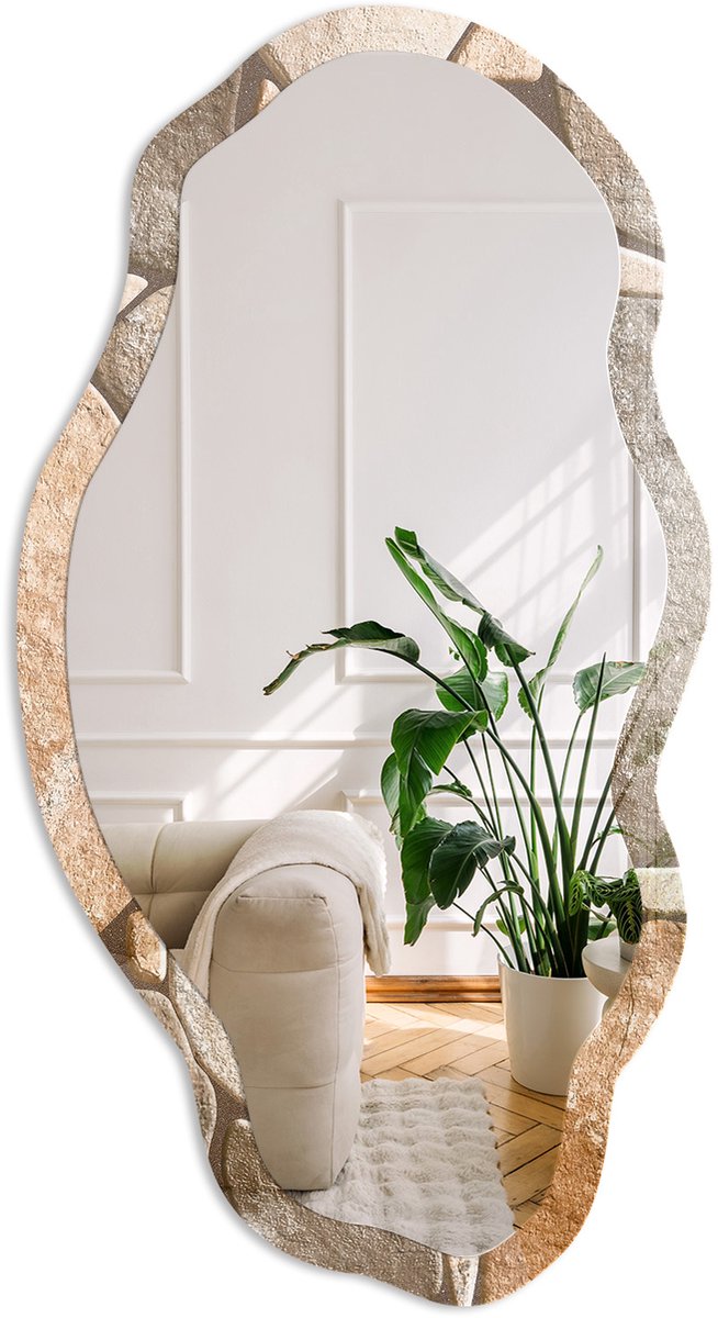 Coloray Mozaïek Van Steen Spiegel - Bruin Elegante Rechthoekige Wandspiegel - Organische Spiegel - Hal, Woonkamer, Kantoor - Rustiek - 45x90 cm - Totale afmeting 52x97 cm