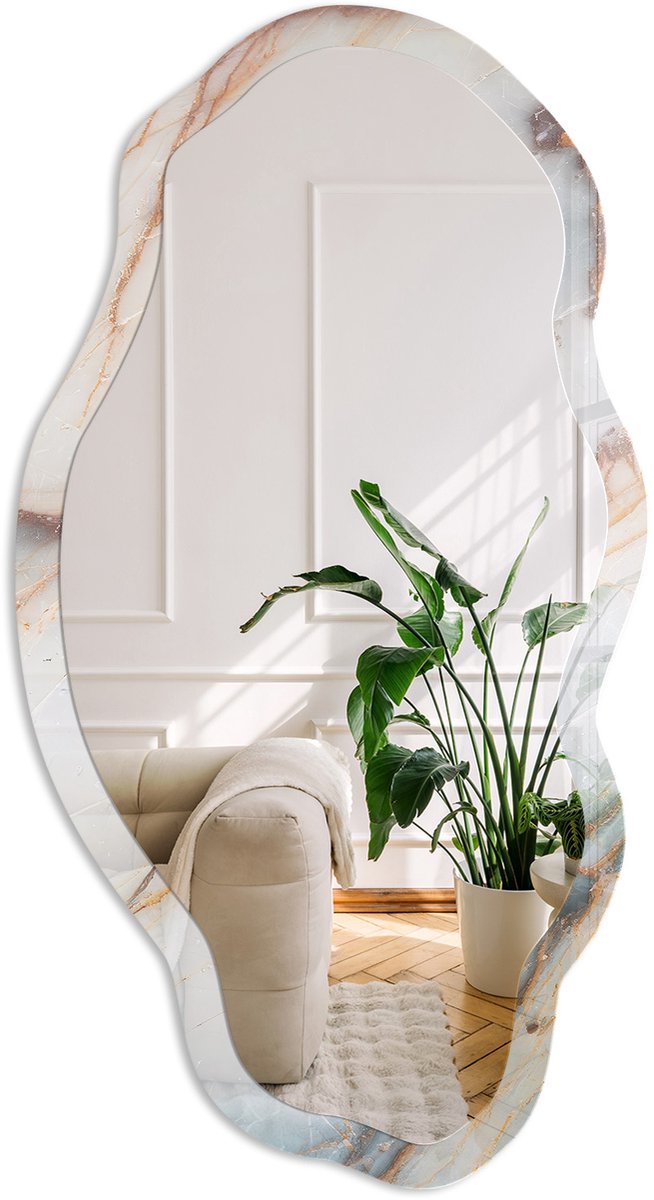 Coloray Modern Marmer Spiegel - Romig Stijlvolle Wandspiegel - Organische Spiegel - Badkamer, Woonkamer, Kantoor - Abstract - 45x90 cm - Totale afmeting 52x97 cm