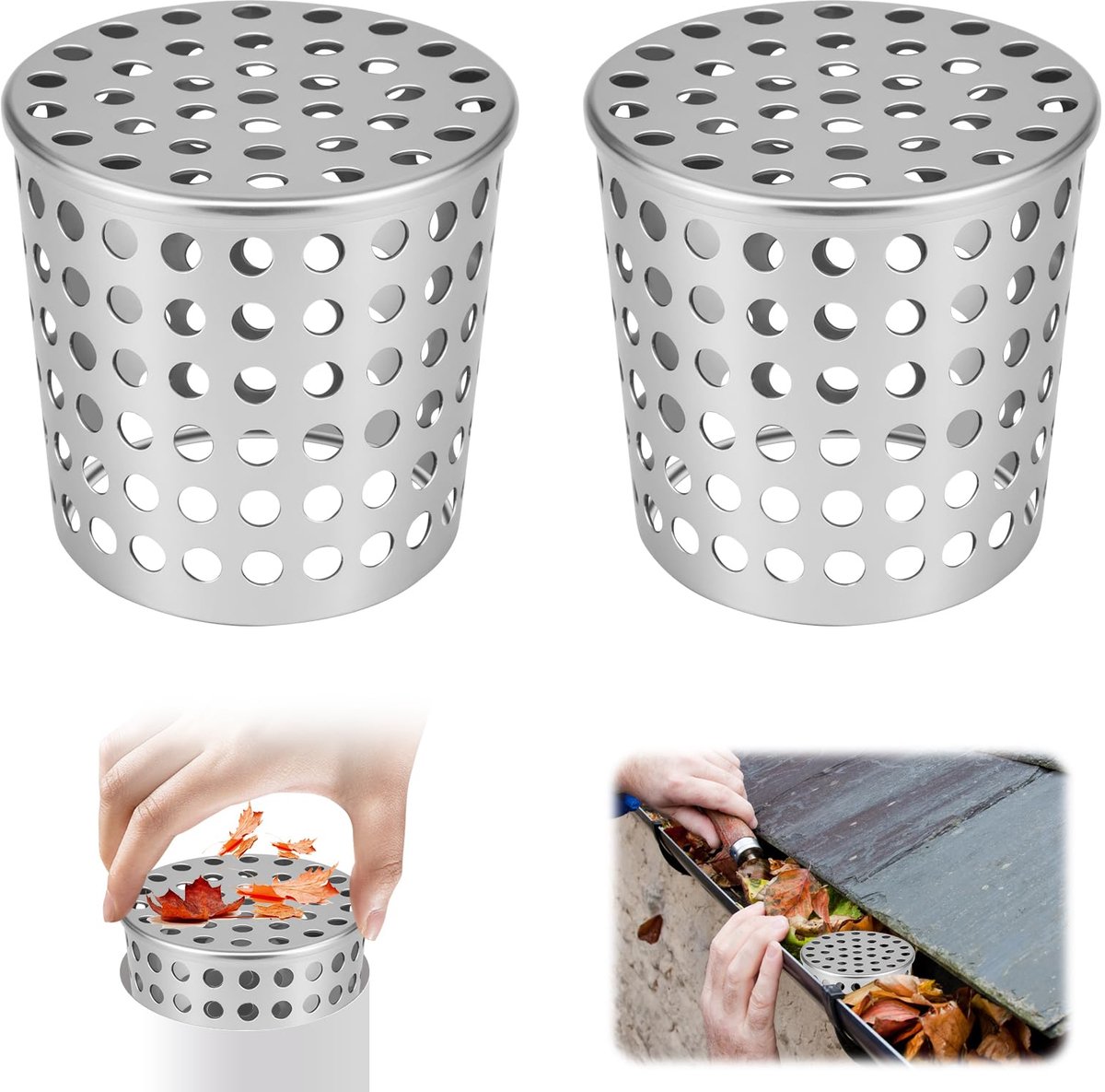 longziming - Set van 2 RVS Dakgootfilters - Bladvanger en Dakgootbescherming met Regenpijpfilter - Voor Platte Daken, Dakafvoeren, Goten en Regenpijpen