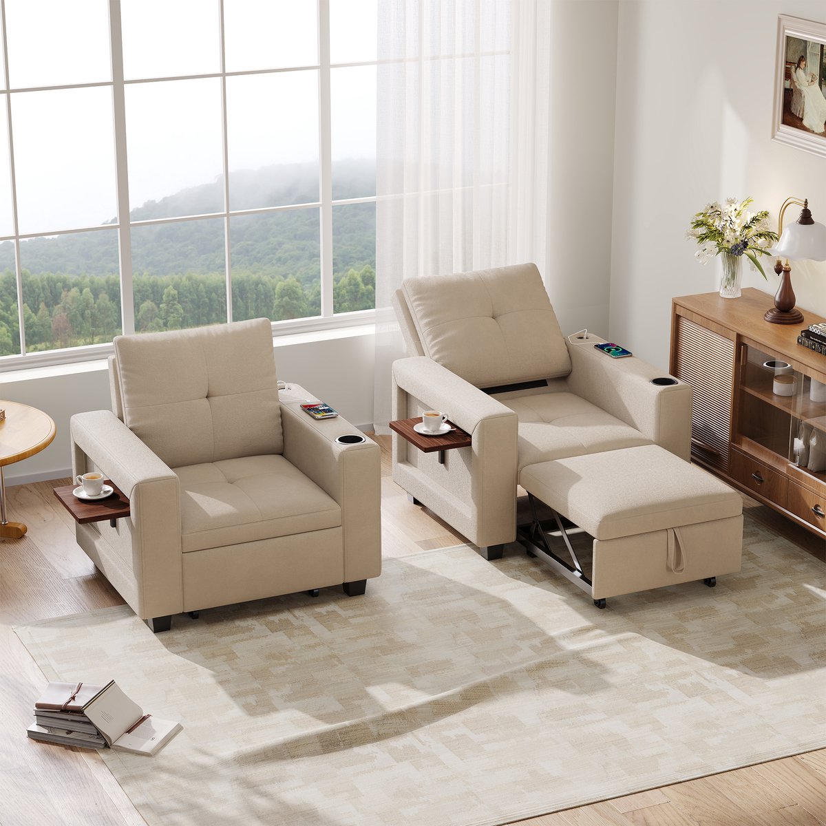 Slaapbank-3-in-1 Bank-Loungesofa-Opklapbaar Bankbed-Met Verborgen Bijzettafel en Bekerhouder-Crème-Wit-Velvet-200 kg