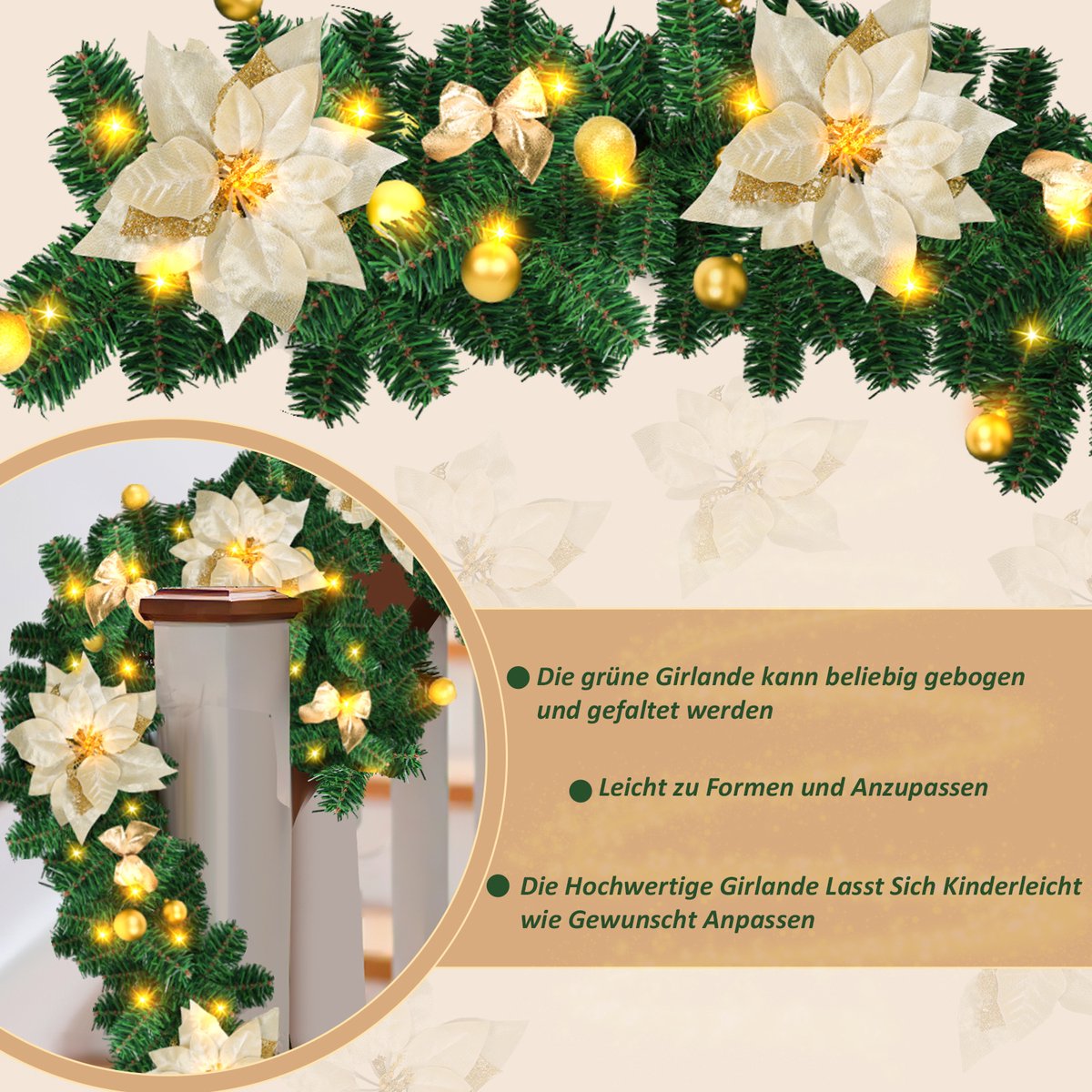 Kerstguirlande met verlichting 2,7 m - 50 led - goud decor – foto 7