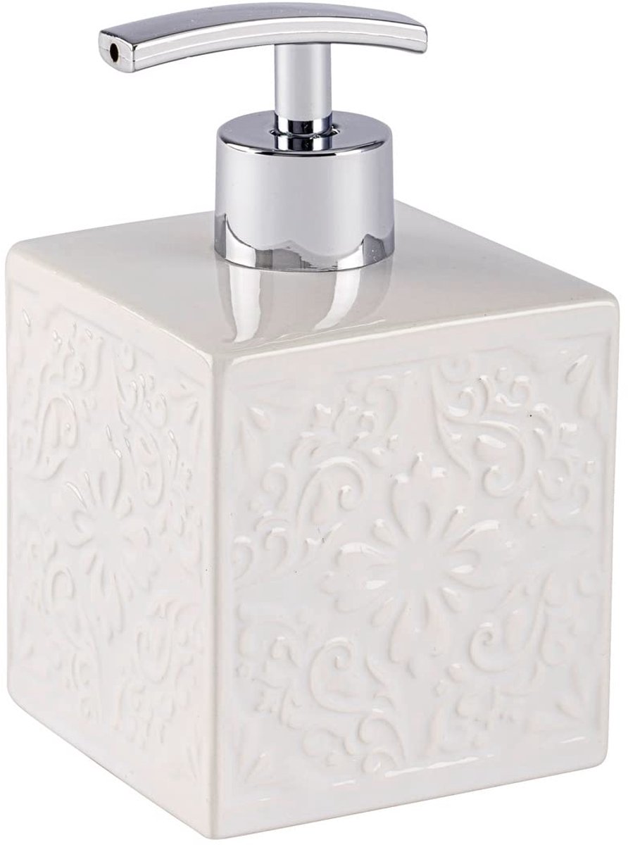 Famanu – Navulbare zeepdispenser voor vloeibare zeep, lotion of afwasmiddel, van hoogwaardig keramiek met Spaanse ornamenten, 13 x 8,5 x 8,5 cm, inhoud 500 ml, wit