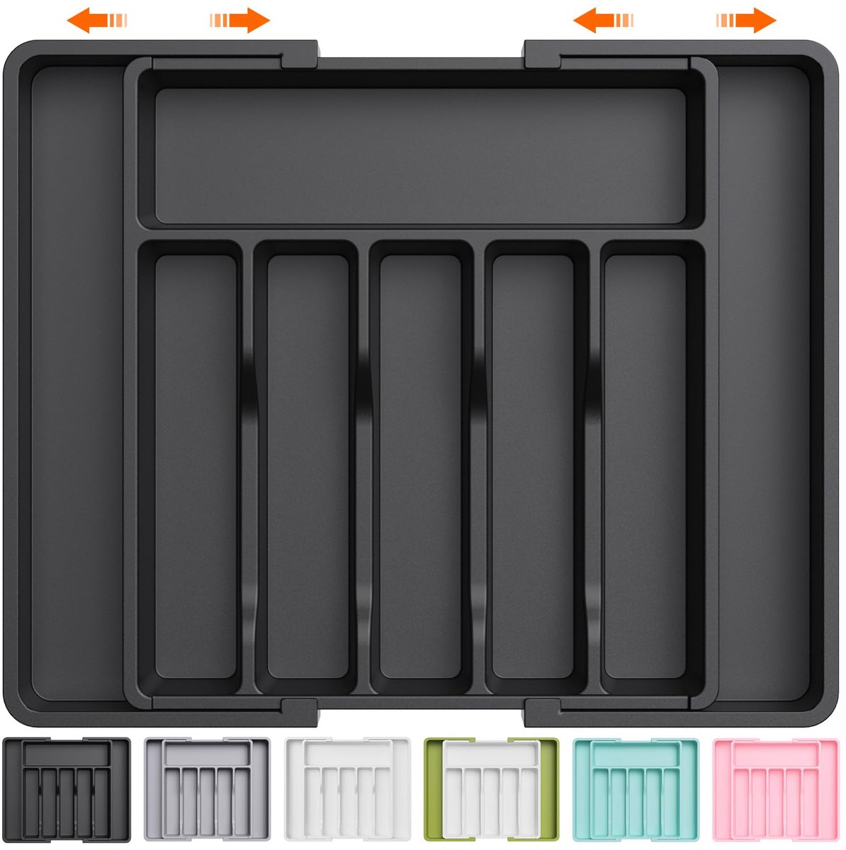 Famanu – Bestekbak voor lade, keuken organizer, uitschuifbare besteklade organizer, compacte plastic bestekorganizer voor lepels en vorken, afmetingen 33-57 x 38 cm, zwart